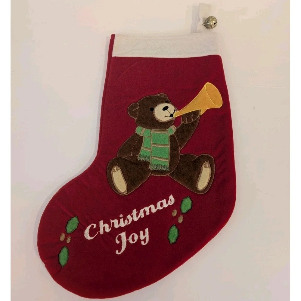 Dakin Christmas Joy Stocking Plush Embroidered Teddy Bear Bell Horn Holly 16.5